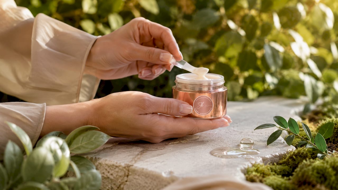 Hands holding luxury brightening skincare cream with spoon