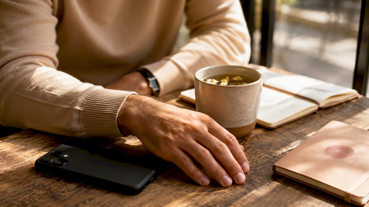 Hand resting on desk beside phone in calm office