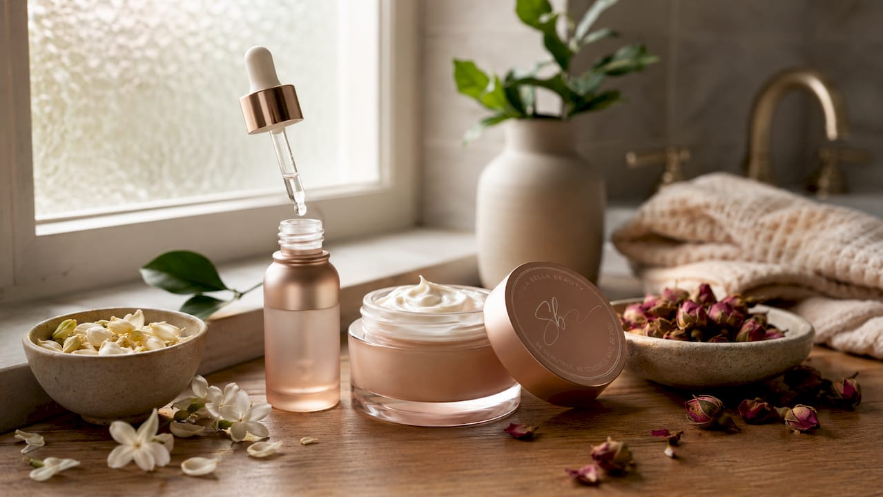 Close-up luxury skincare products with natural ingredients