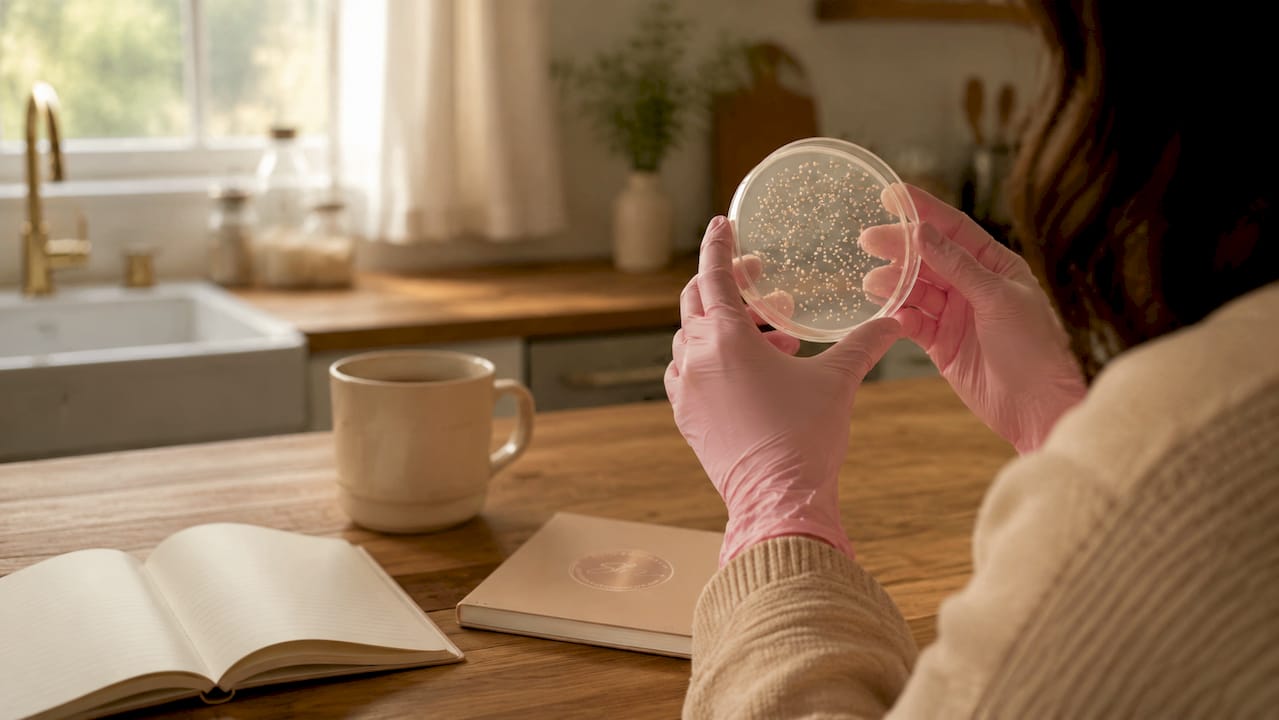 Gloved hands holding petri dish with bacteria