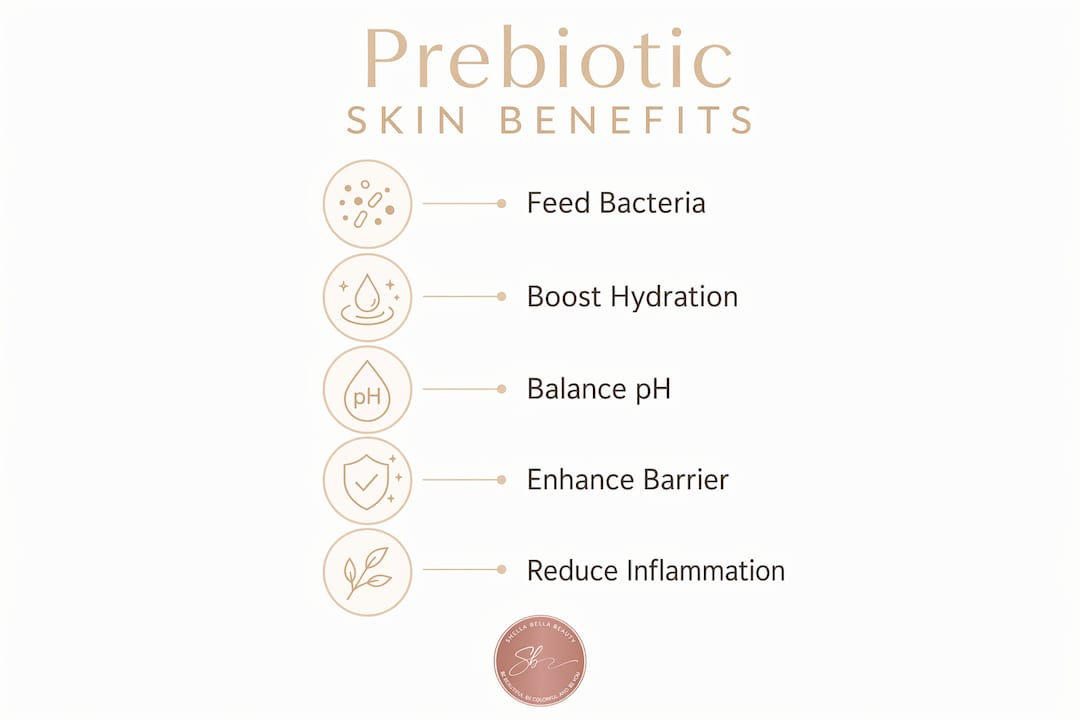 Infographic illustrating key benefits of prebiotics in skincare