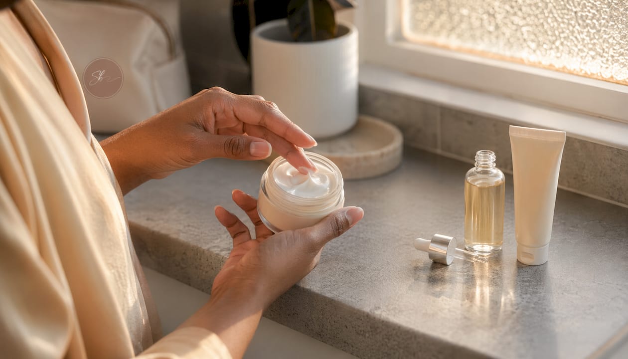 Hands holding moisturizer during skincare routine