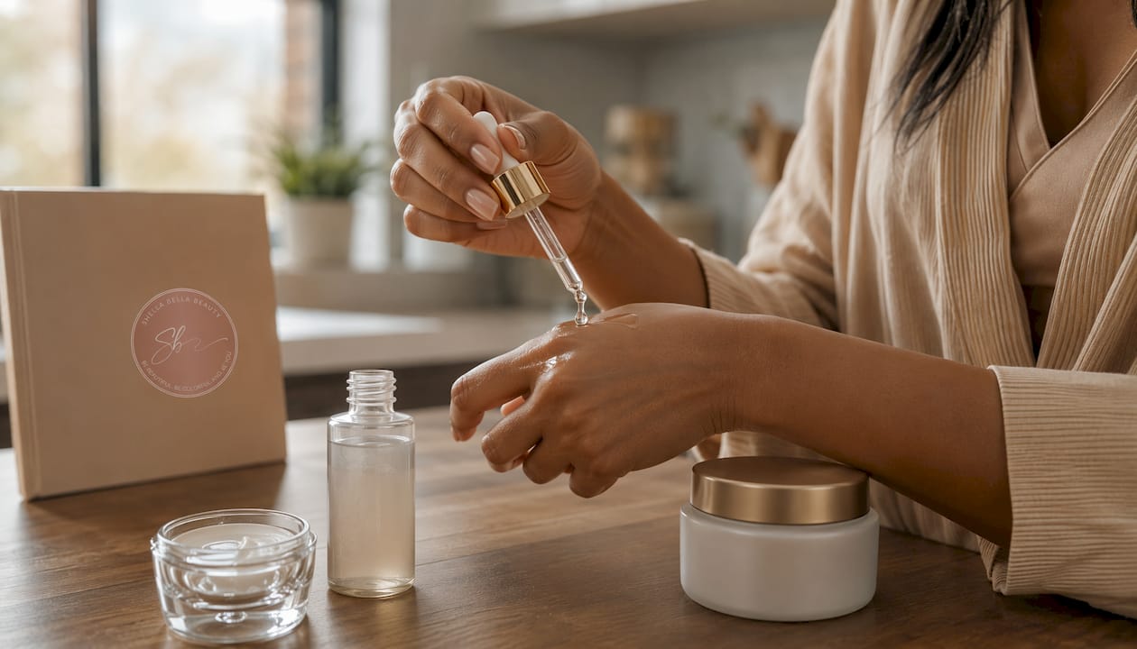 Hands demonstrating layering skincare products