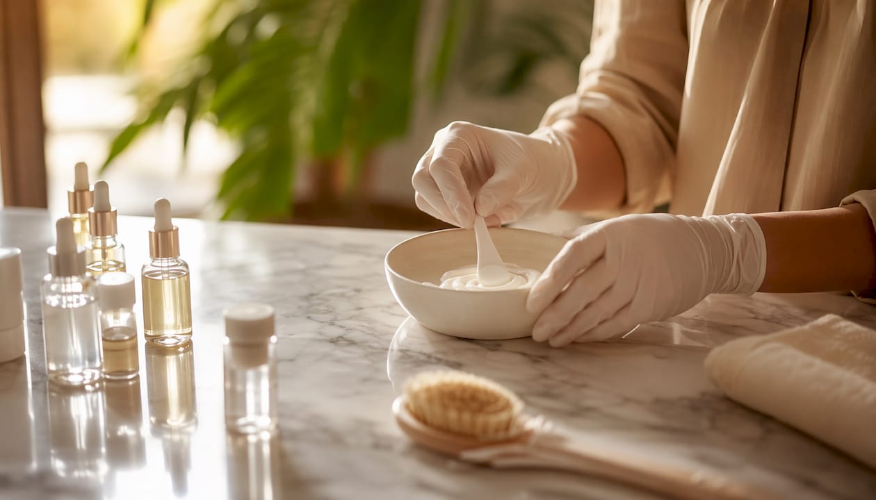 Hands mixing luxury skincare actives