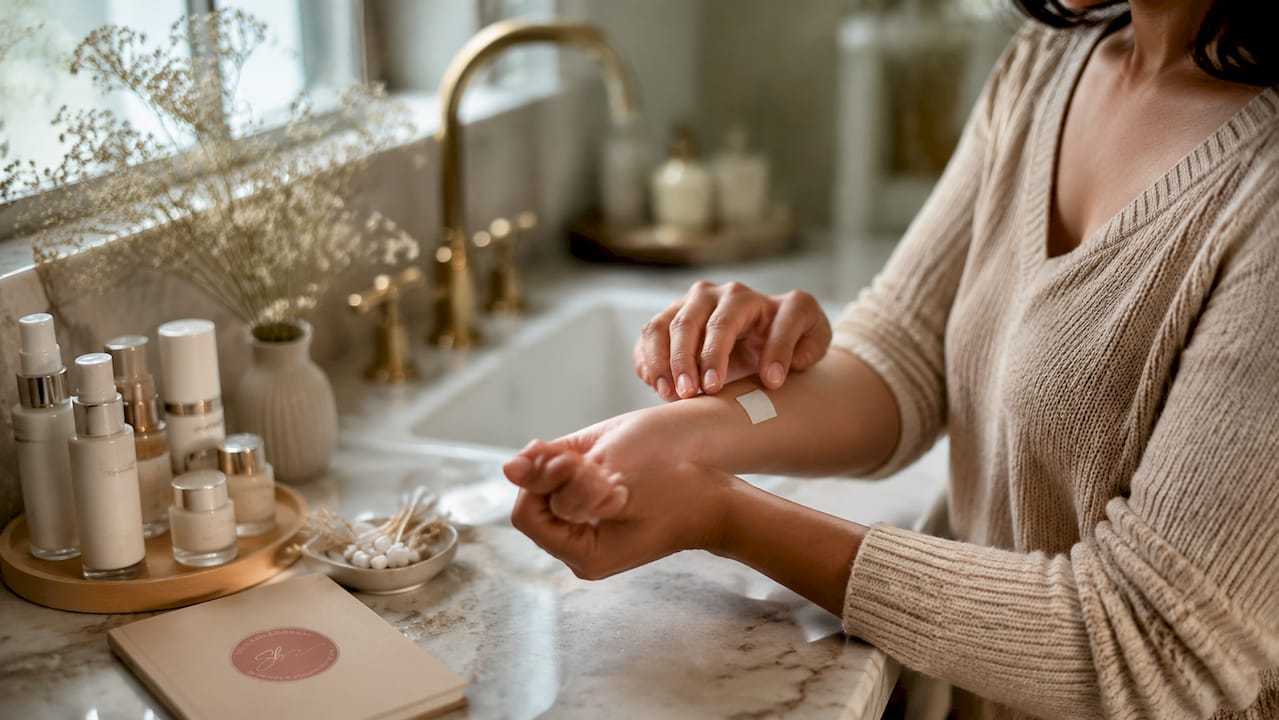 Hands preparing skincare patch test on arm