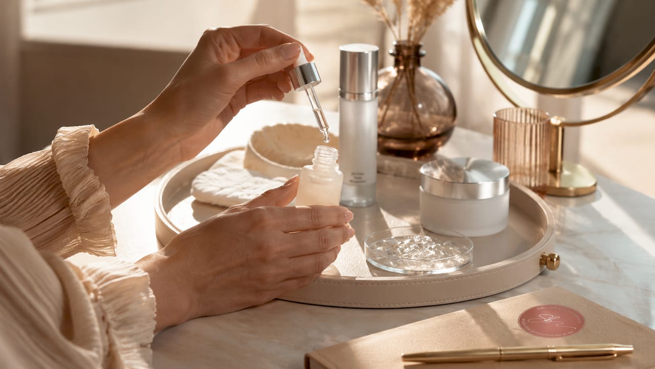 Hands holding brightening serum dropper above palm
