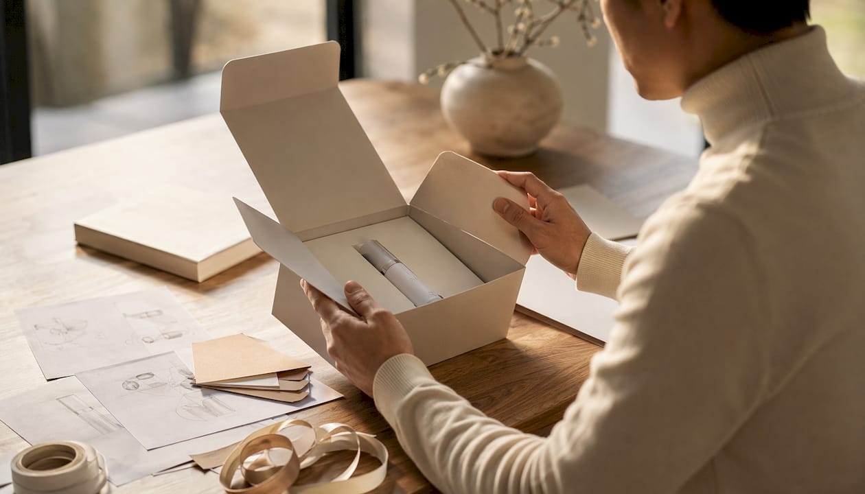 Hands opening premium skincare secondary packaging