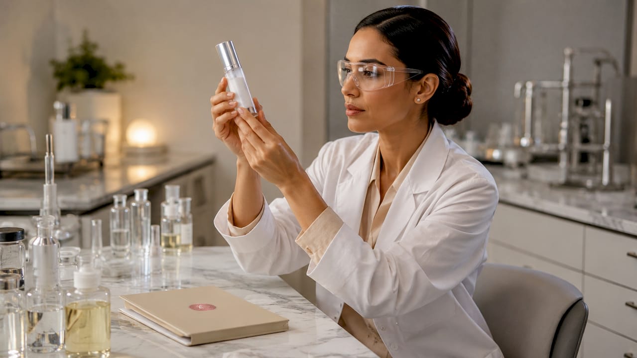 Lab technician inspecting skincare packaging