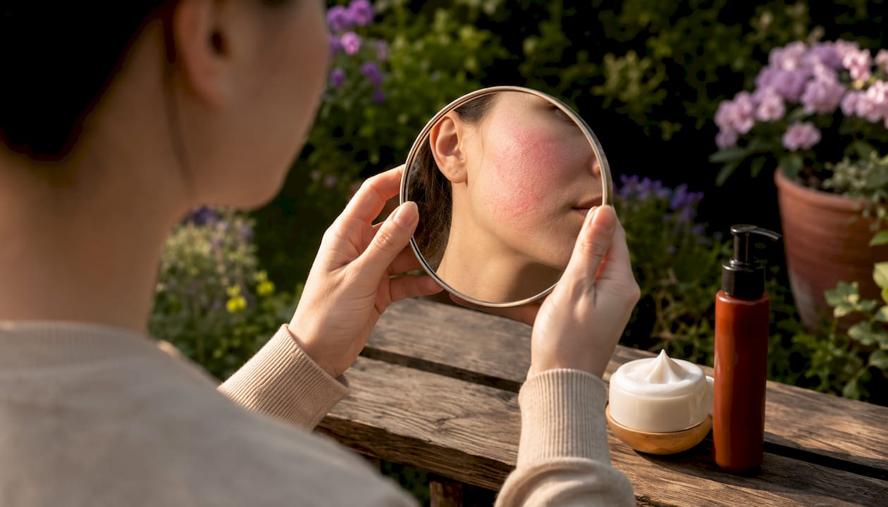 Close-up mirror reflection of red irritated skin