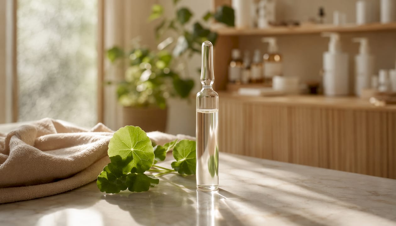 Close-up of skincare ampoule vial and natural elements