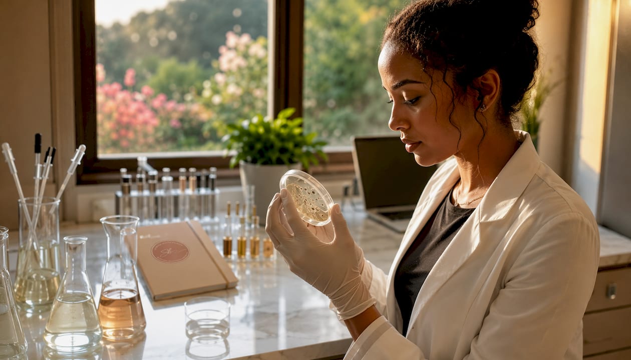 Scientist examining skin cells with adaptogens