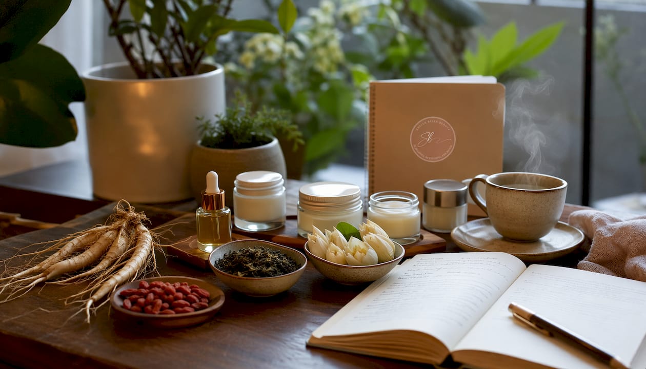 Top view of adaptogen skincare ingredients and jars
