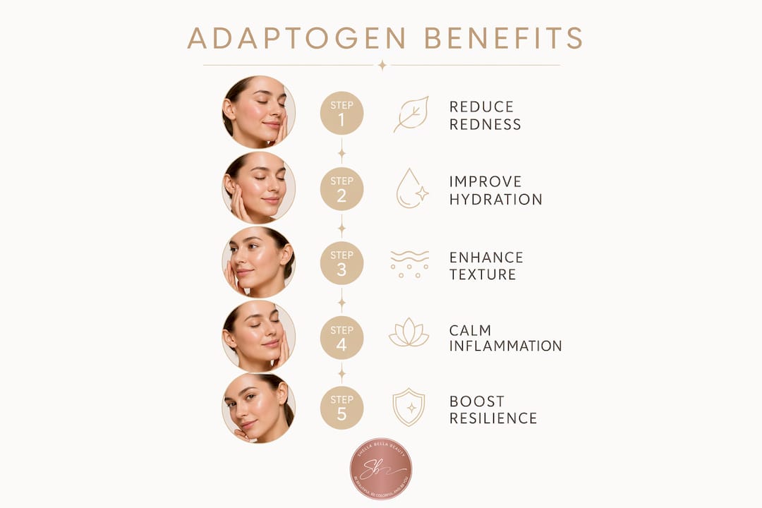 Infographic illustrating adaptogen skincare benefits steps