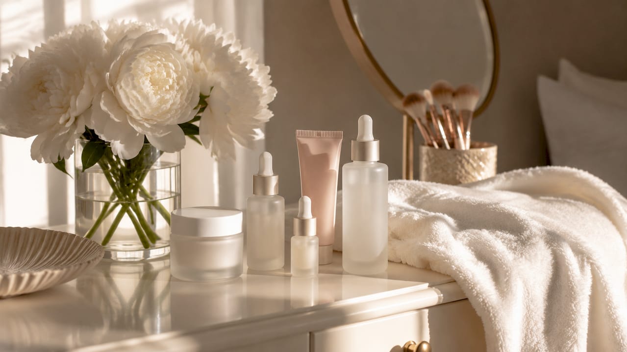 Low concentration retinol products flat lay