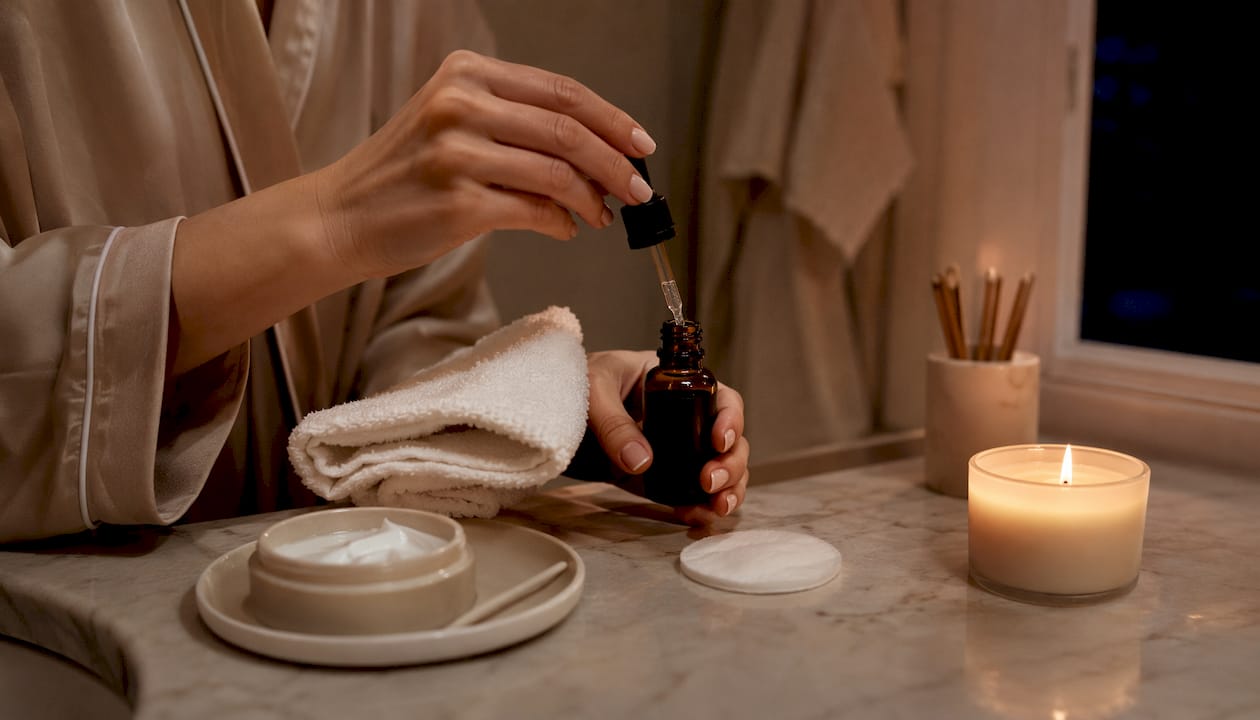 Hands preparing nighttime retinol skincare routine