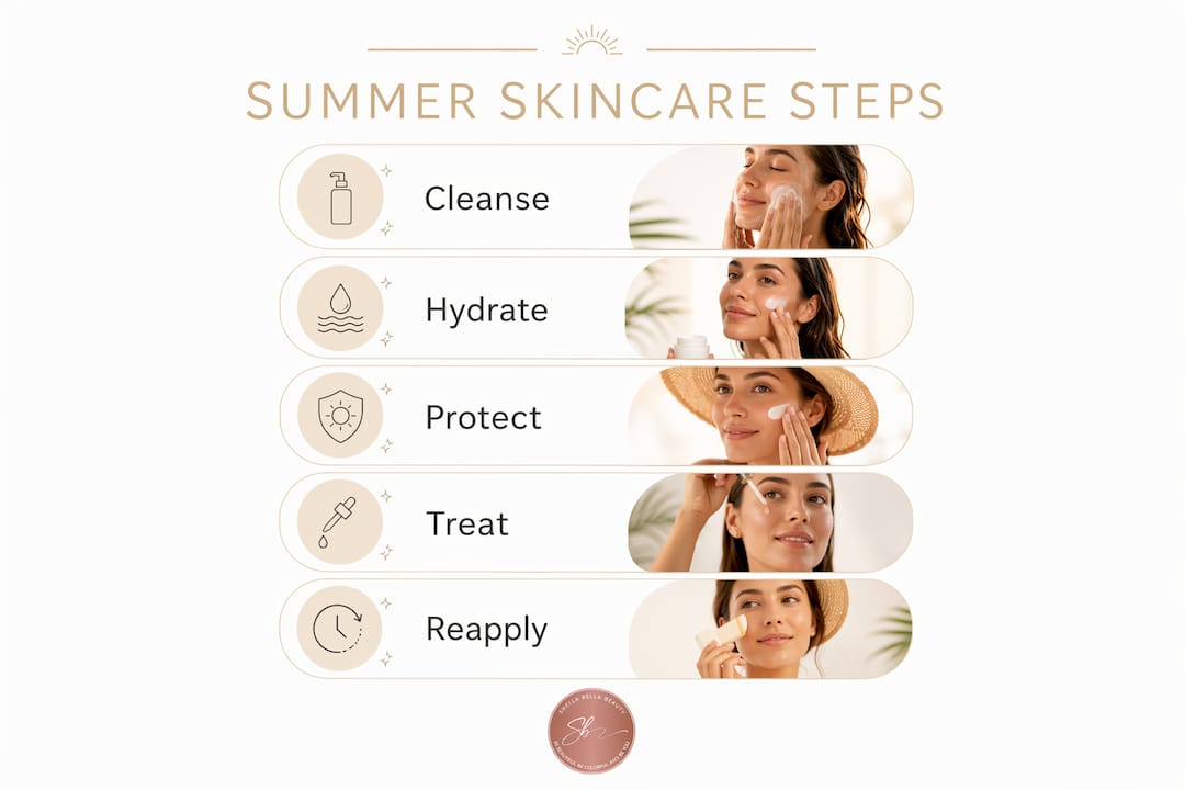 Infographic showing five key summer skincare steps