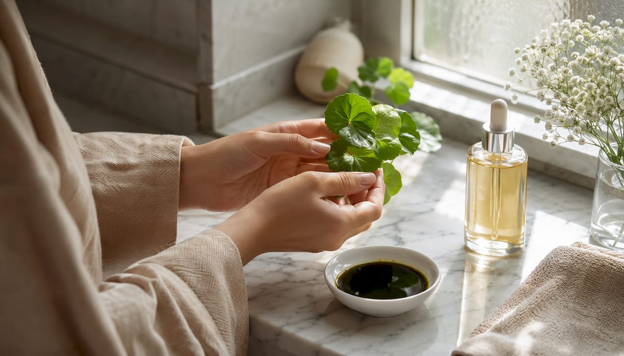 Hands holding Centella asiatica leaves with chamomile