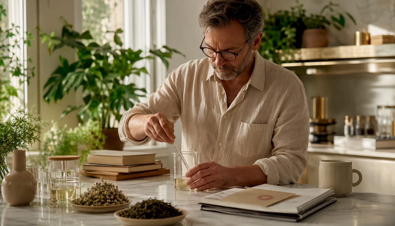 Skincare formulator mixing botanical ingredients at desk
