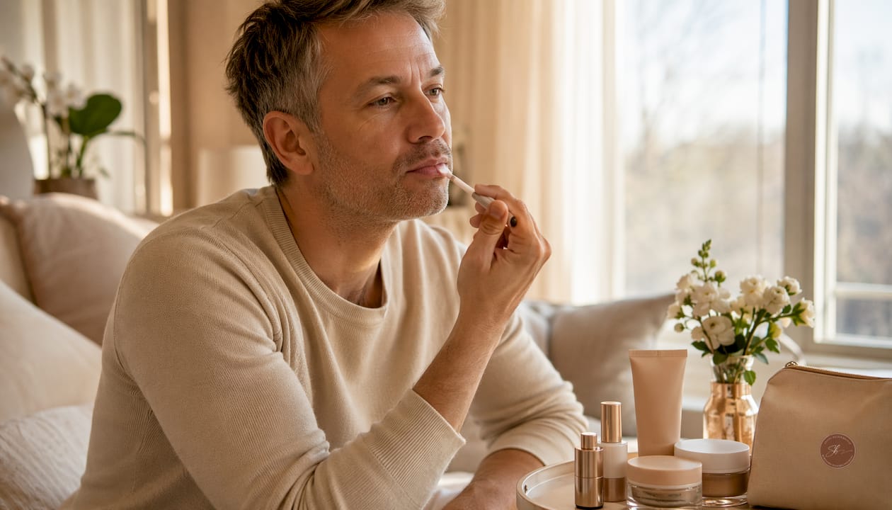 Man using toothbrush to exfoliate lips