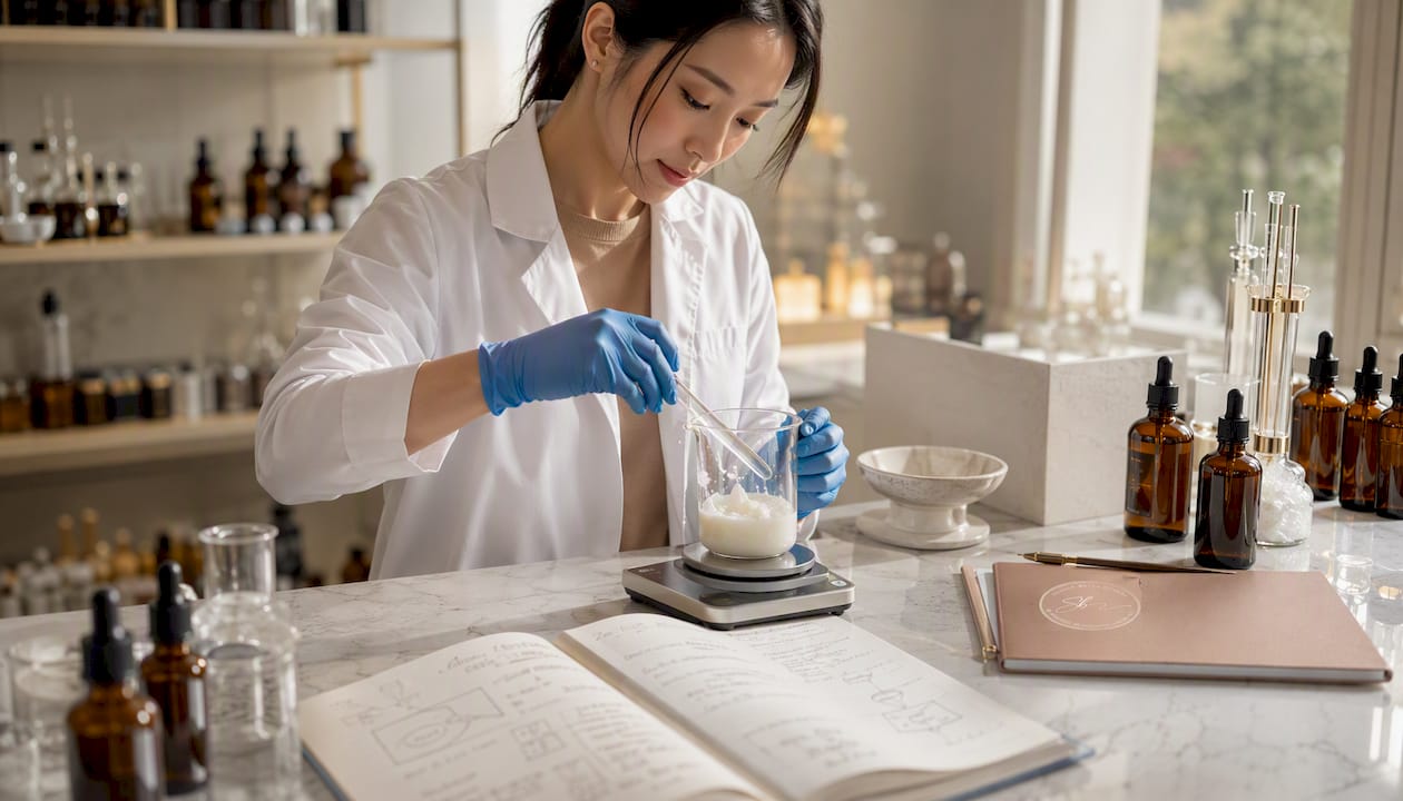 Scientist weighing ingredients in skincare lab