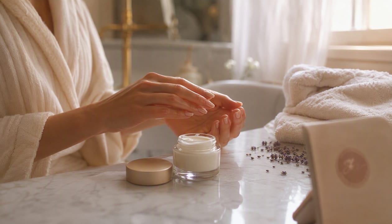 Hands holding skincare jars with shea butter