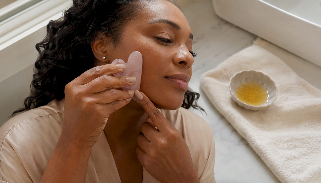 Hands holding gua sha at shallow angle on face