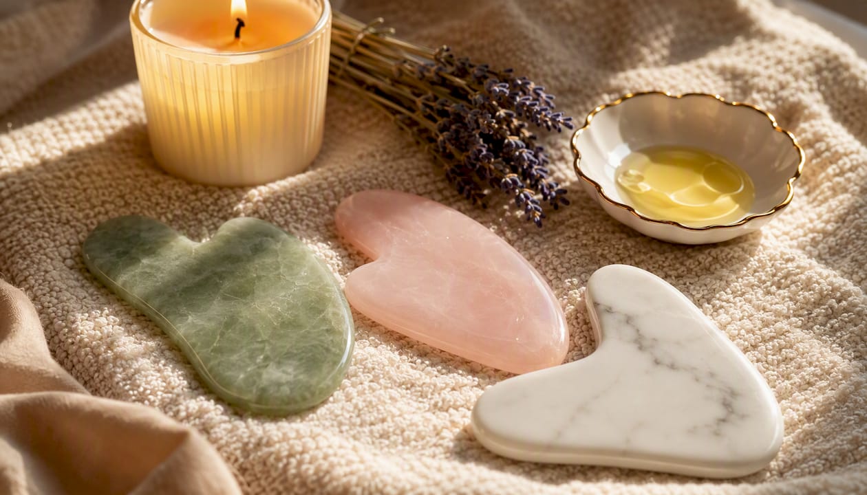 Flat lay of gua sha stone tools in natural light