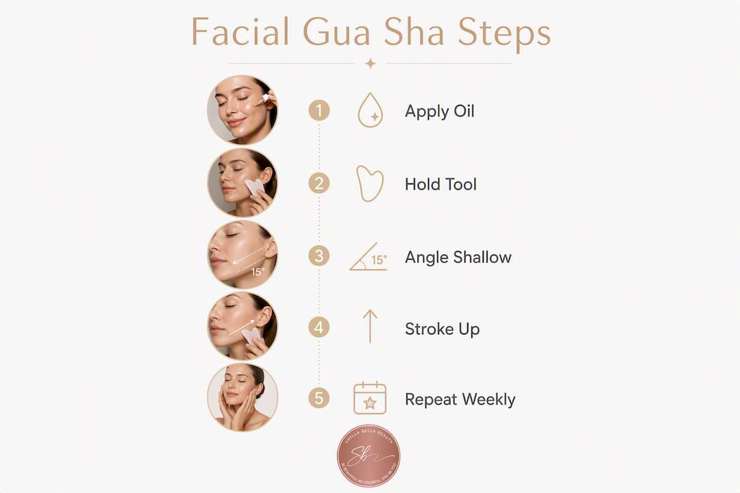 Infographic showing step-by-step facial gua sha routine