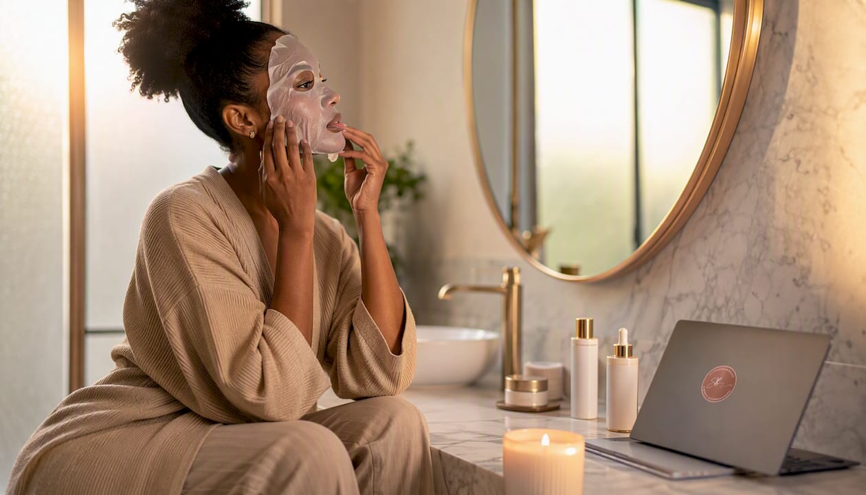 Woman applying sheet mask in bedroom
