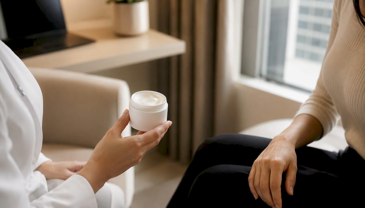 Close-up of hands holding skincare cream in consultation