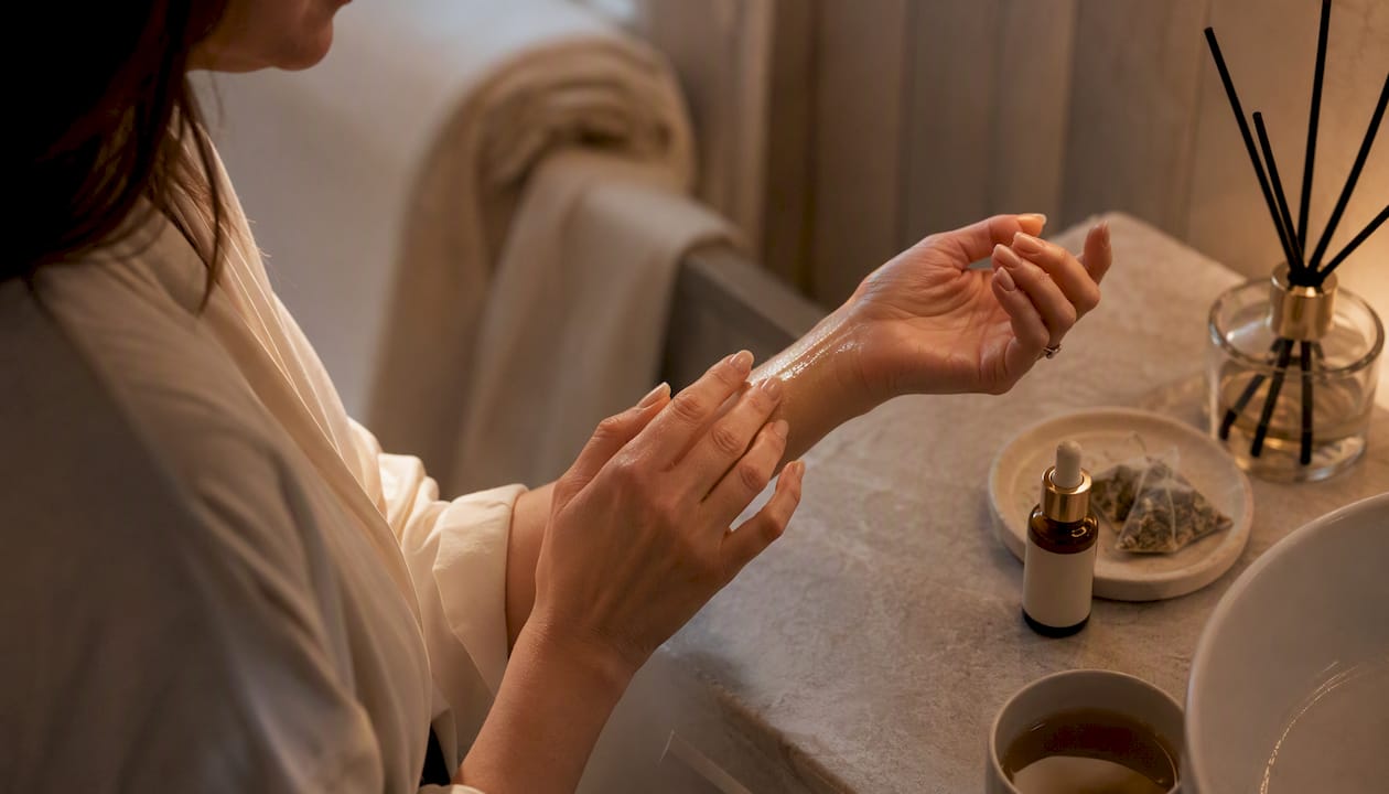 Hands applying serum during evening ritual
