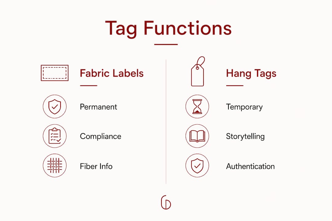 Infographic comparing fabric labels and hang tags in luxury garments