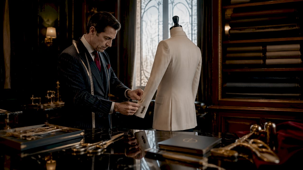 Italian tailor adjusting bespoke silk jacket