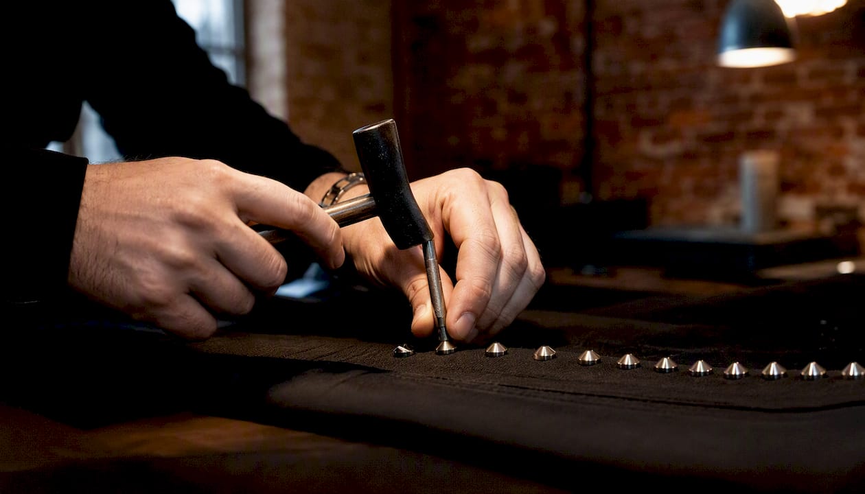 Artisan hands placing Italian cone stud on fabric