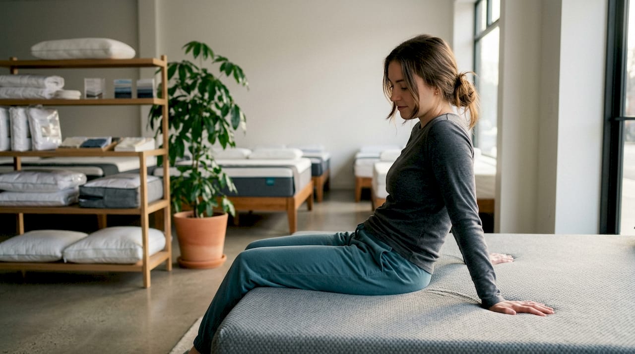 Mujer comprobando la firmeza del colchón al recostarse para evaluar su postura
