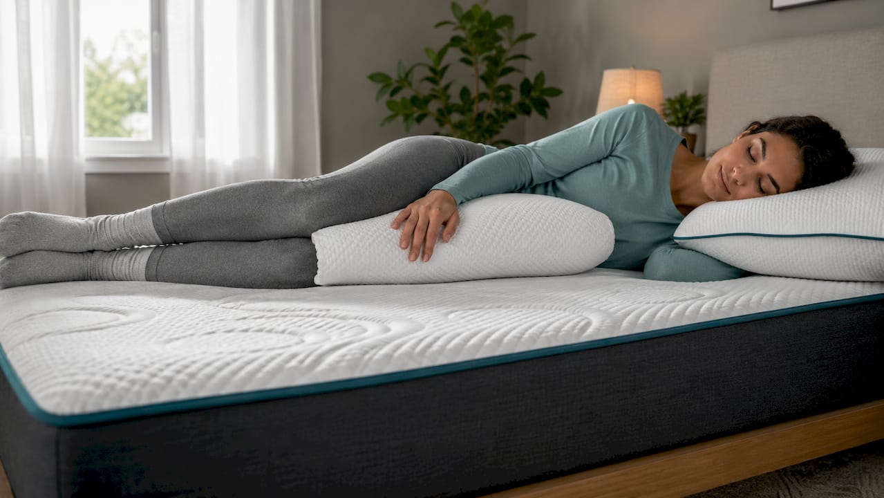Colchón y almohadas preparados para dormir cómodamente de lado