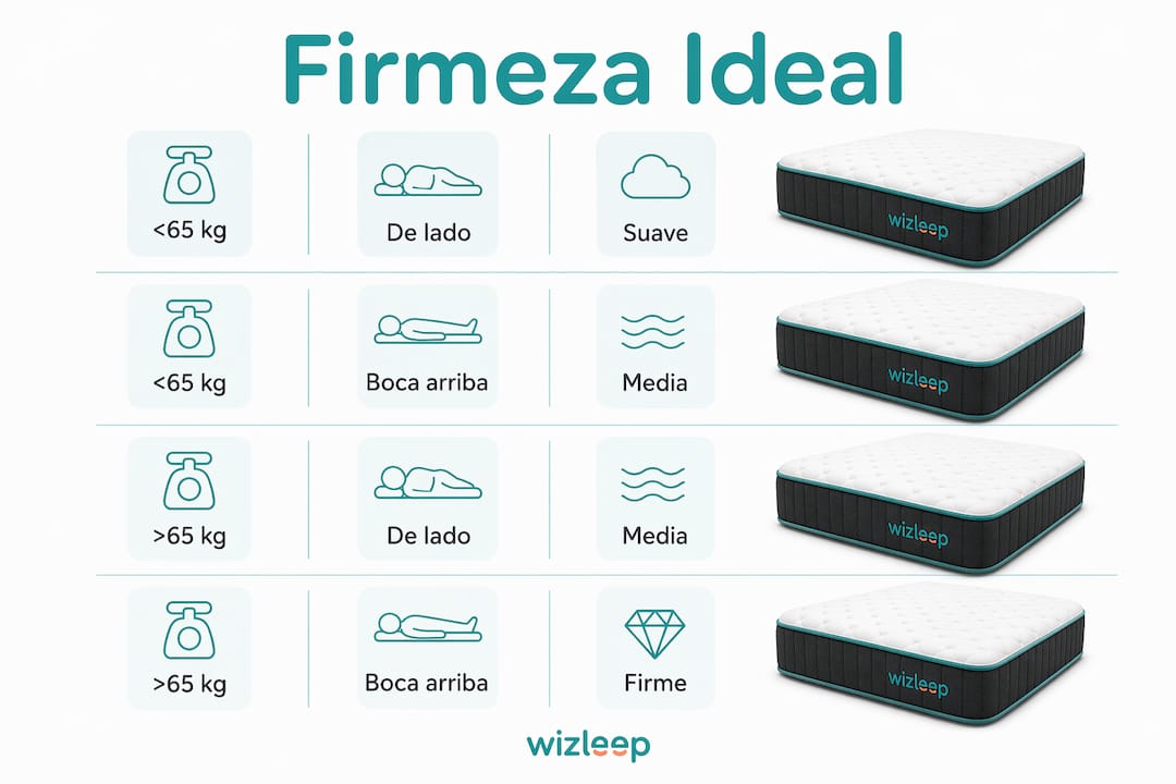 Guía visual para elegir la firmeza del colchón según tu peso y forma de dormir, explicada paso a paso