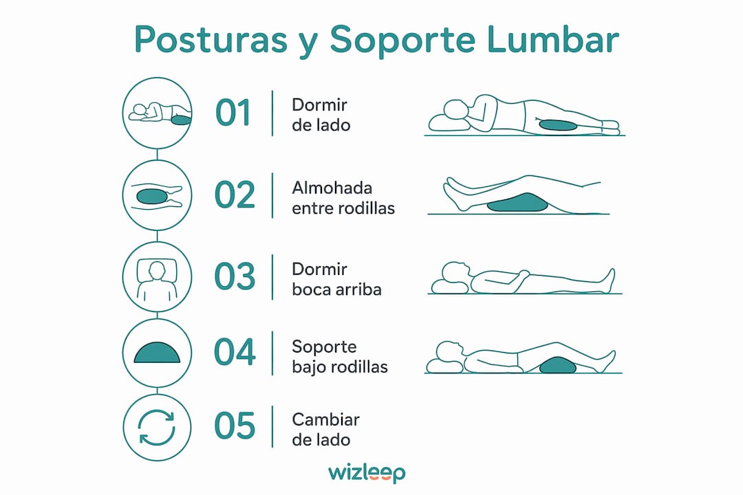 Guía visual sobre posturas para usar soporte lumbar nocturno