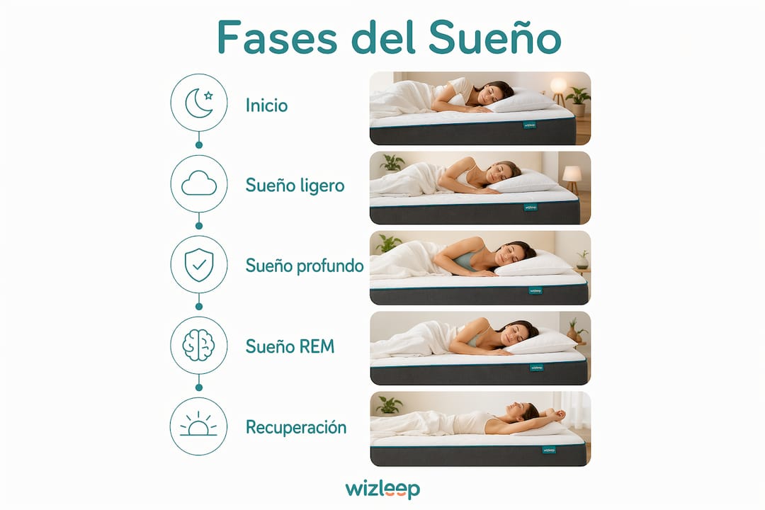 Infografía vertical sobre las fases del sueño y la relación con el descanso.