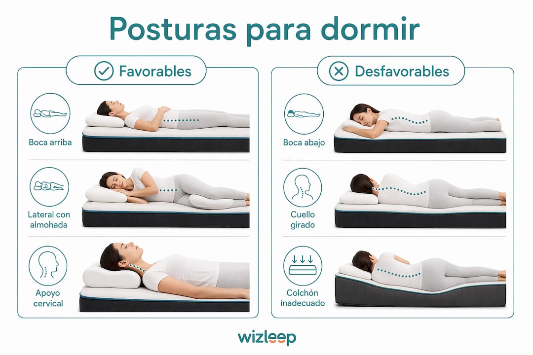 Infografía sobre posturas favorables y desfavorables para la columna al dormir