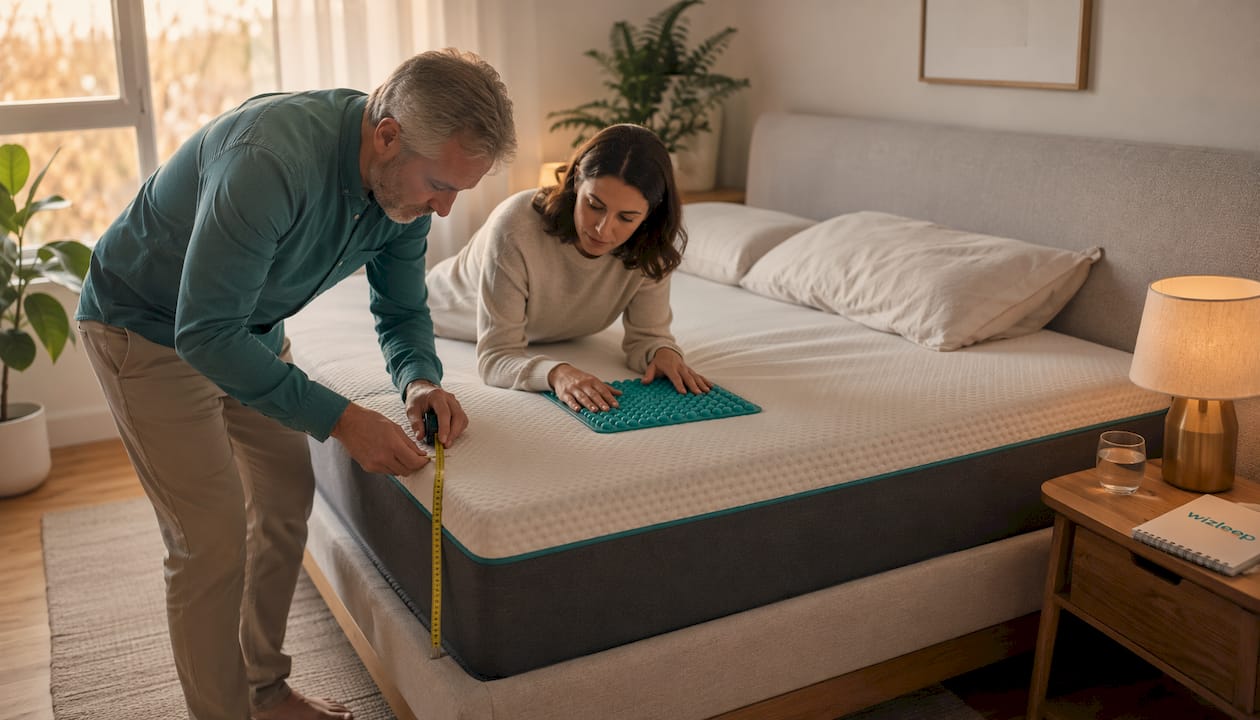 Pareja evaluando la firmeza y la comodidad de un colchón