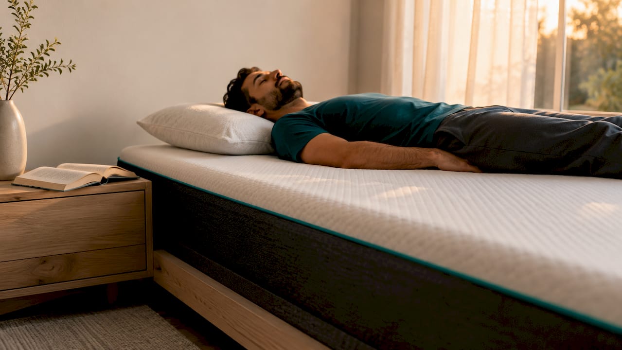 Hombre durmiendo sobre un colchón en un dormitorio tranquilo
