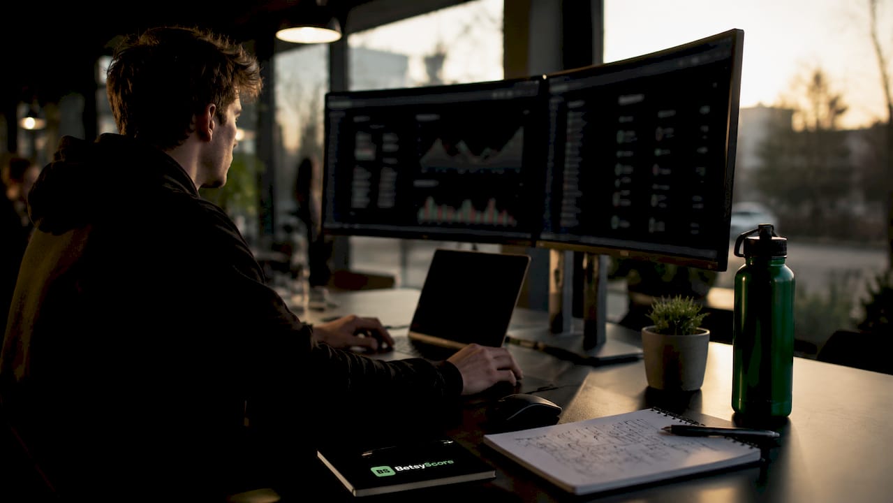 Sports analyst workspace with football stat dashboards