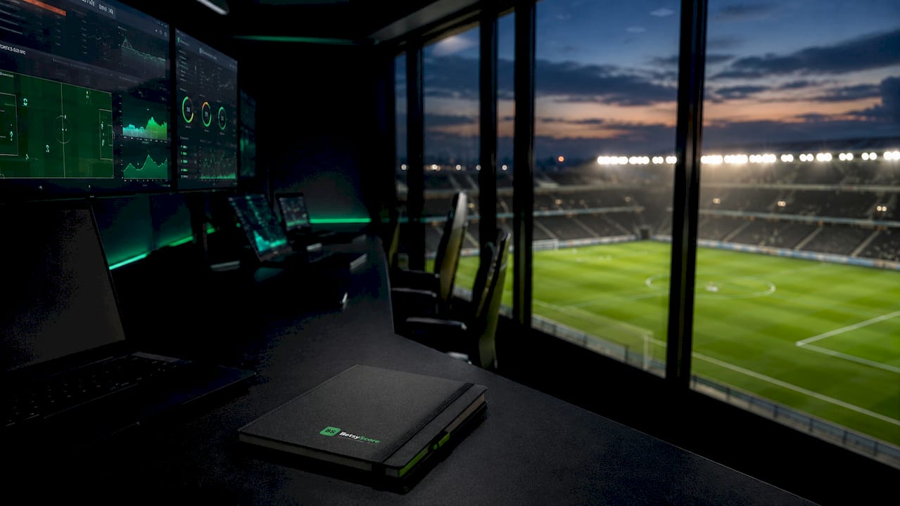 Stadium control room with football analytics dashboard