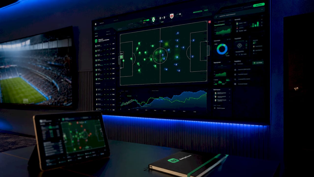 Football tactical data dashboard on curved screen