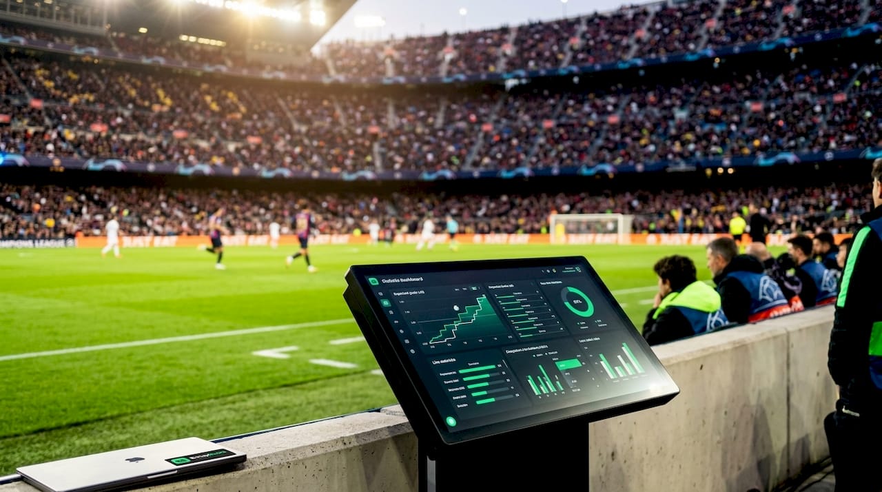 Stadium with live football stats dashboard