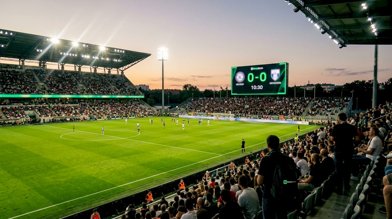 Stadium with illuminated match scoreboard at dusk