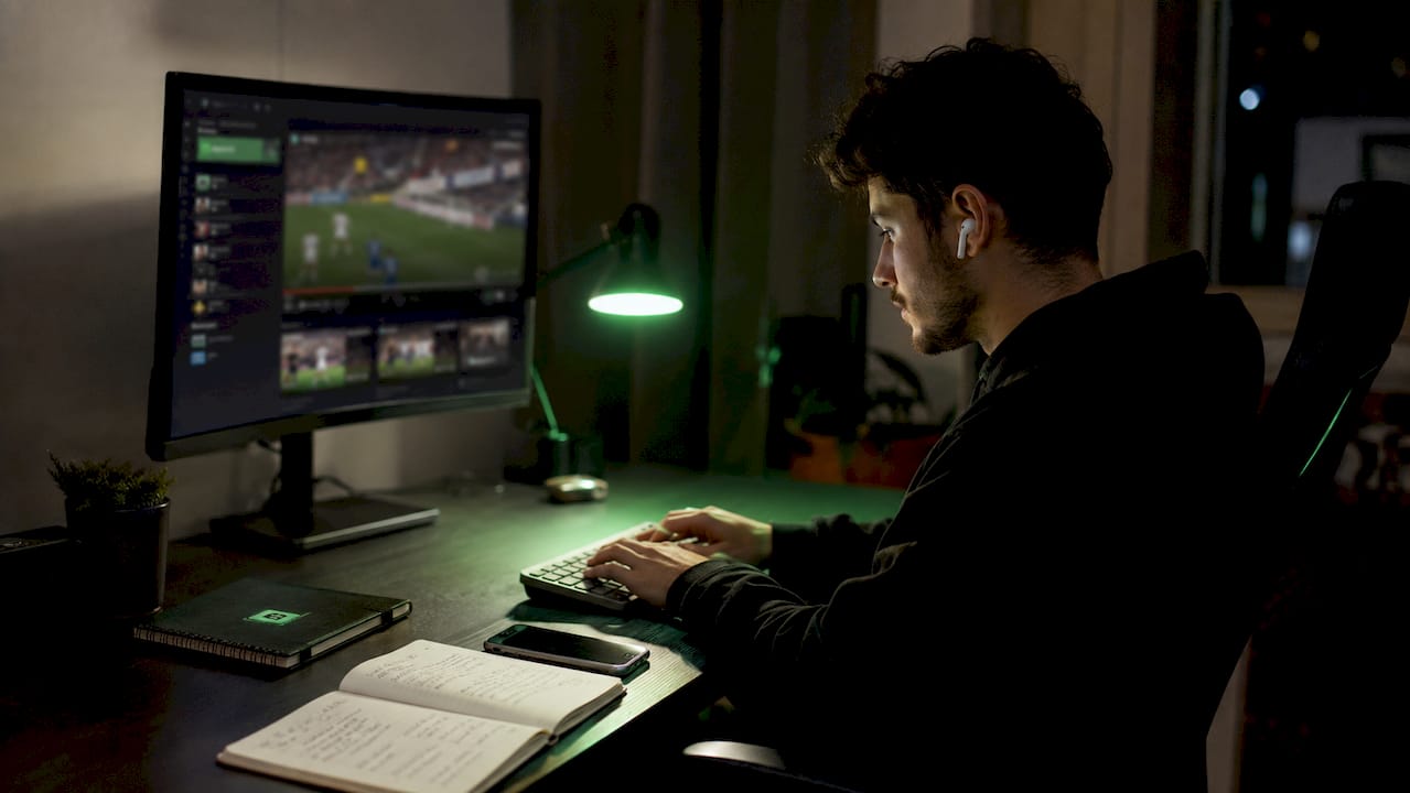 Side view of dark UI soccer highlights platform on monitor