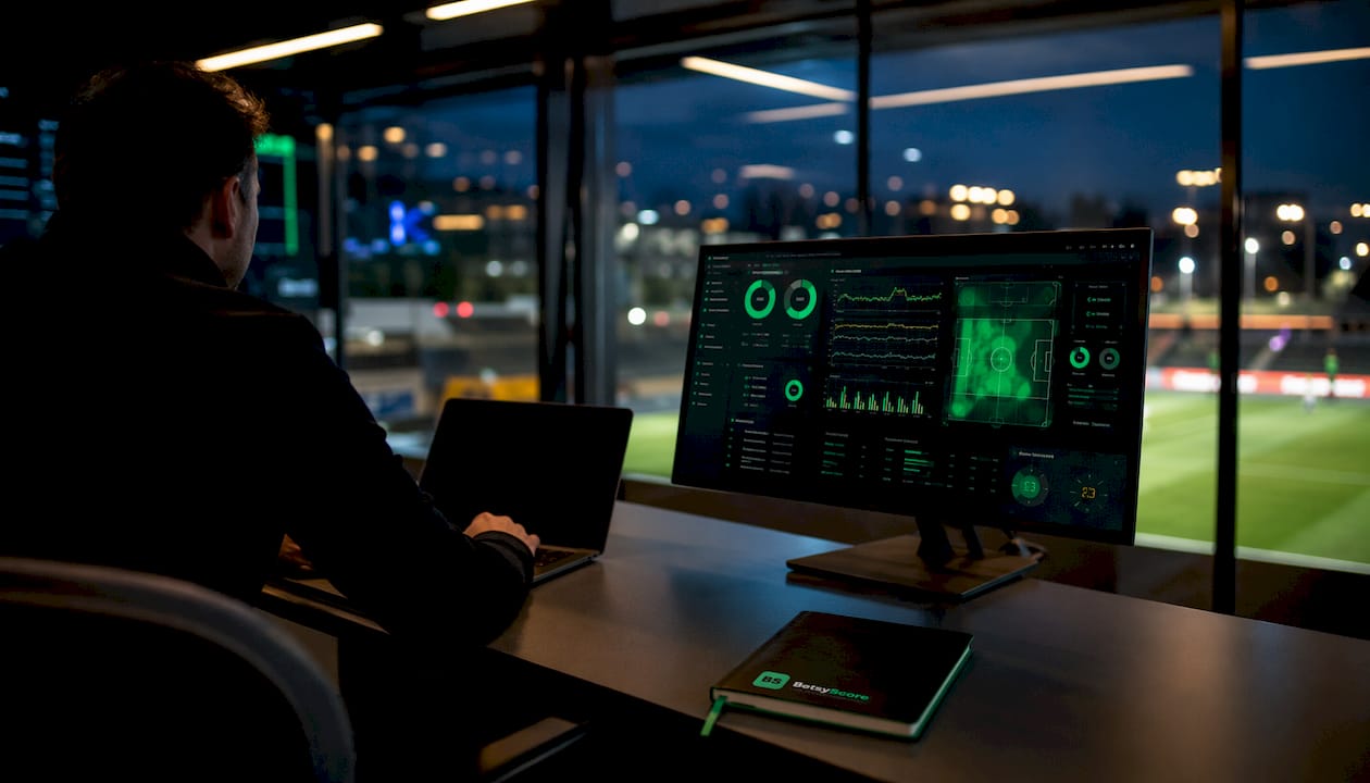 Close-up AI football data dashboard with stadium background