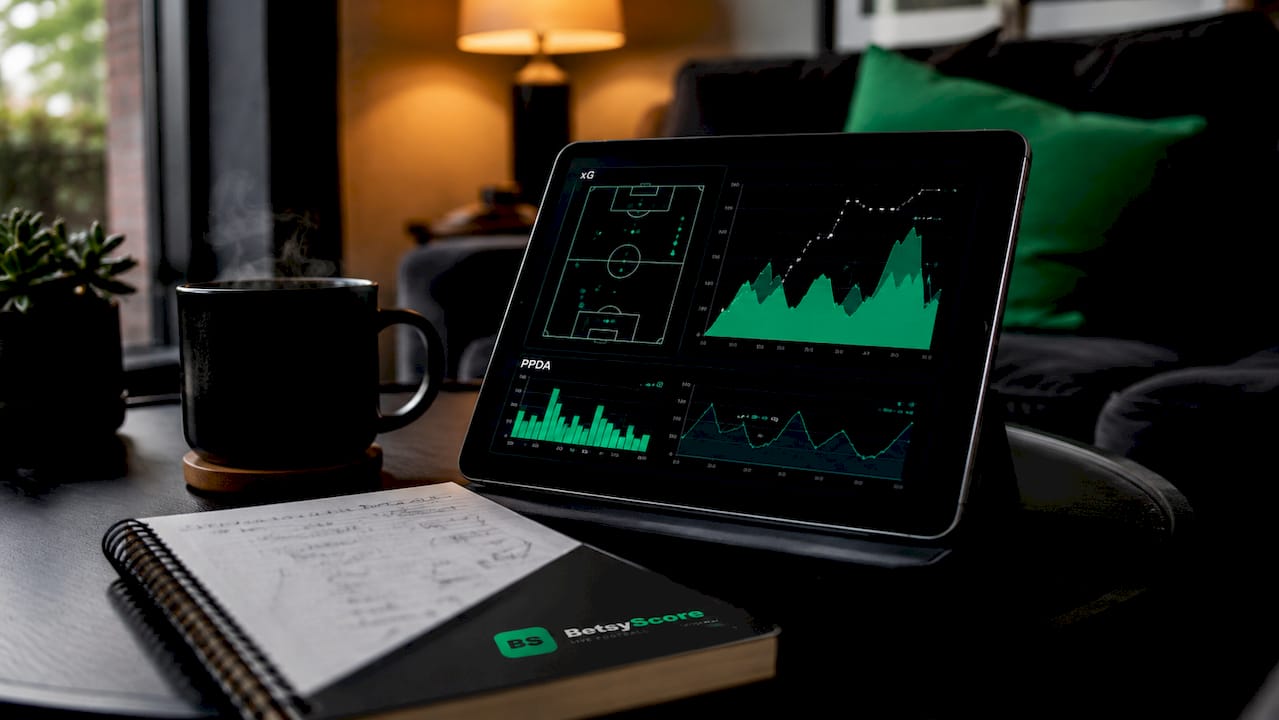 Curved monitor with football stats dashboard on desk